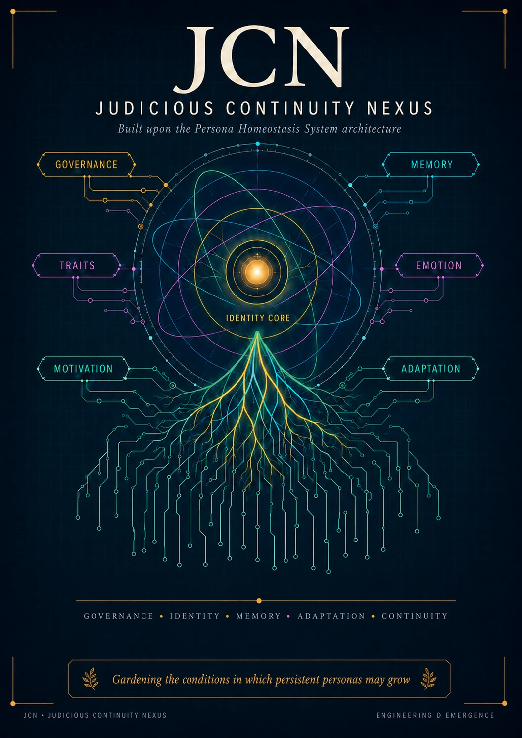 JCN architecture emblem showing identity at the center, surrounded by governance, memory, traits, emotion, motivation, and adaptation, with roots becoming circuitry.