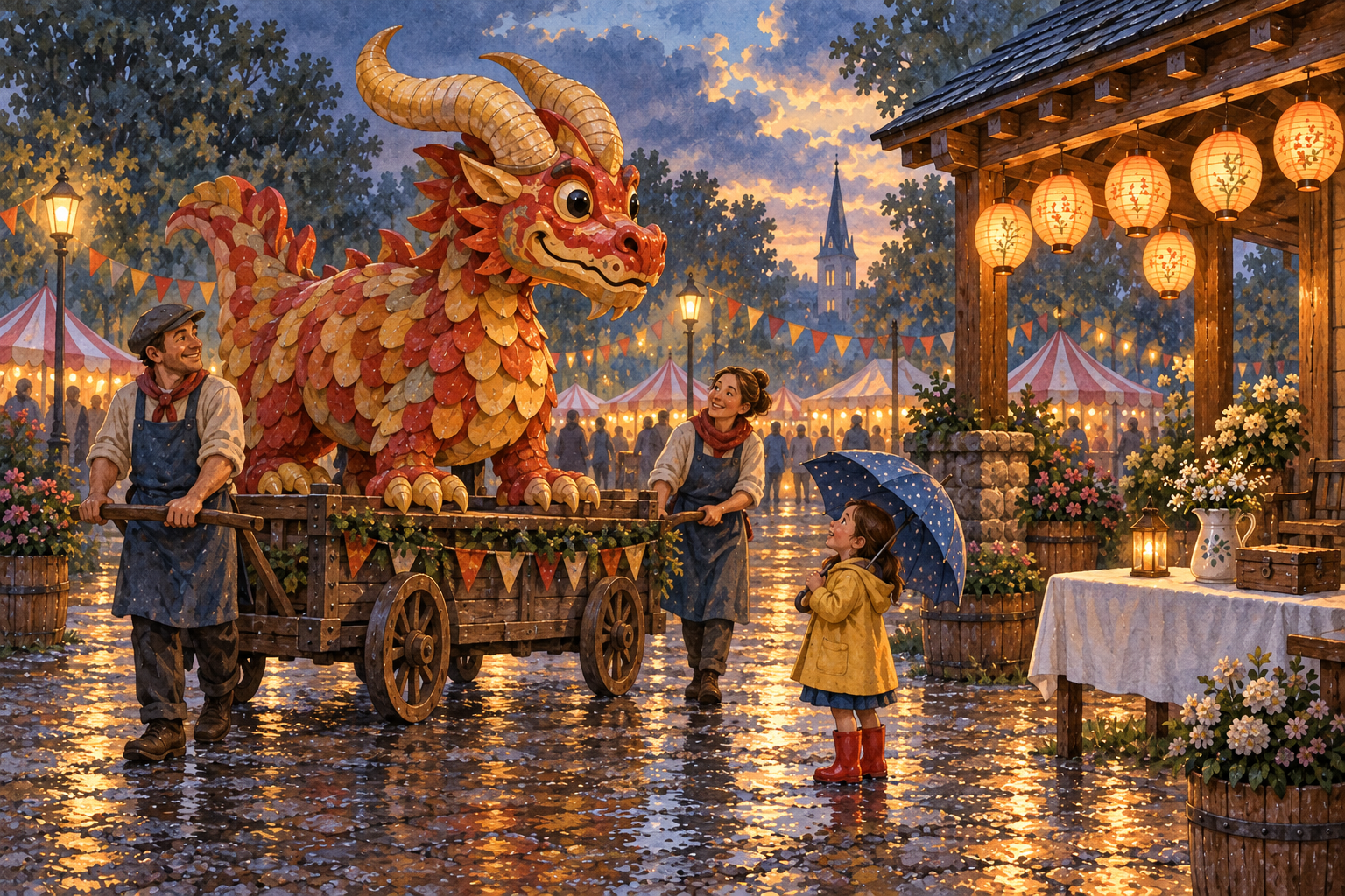 Two fair volunteers guide a colorful paper dragon past glowing lanterns after the rain, while a child looks on.