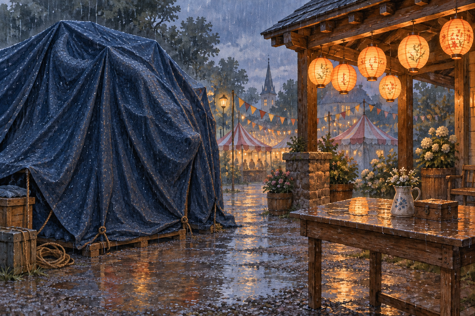 A tarped paper dragon waits on a rainy fairground lawn while lanterns glow under a covered porch.